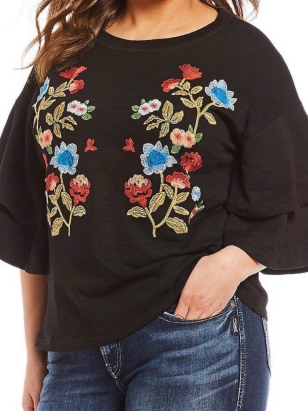 Blu Pepper Black Top with Multicolor Floral Embroidery and Ruffled Sleeve